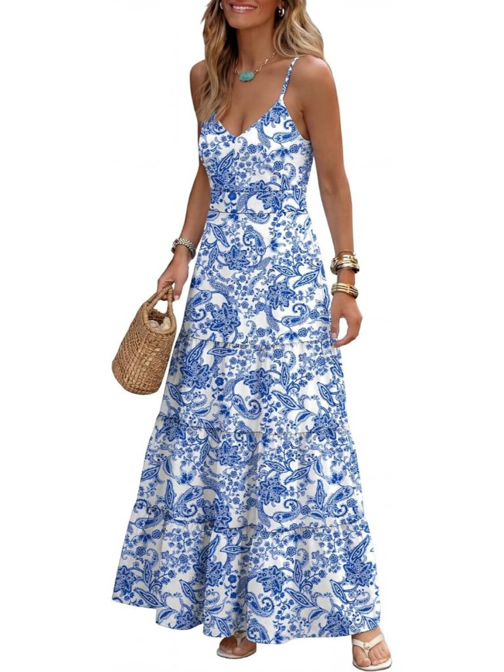 〽️Blue Floral Summer Maxi Dress Smocked Back V Neck Spaghetti Strap Pockets
